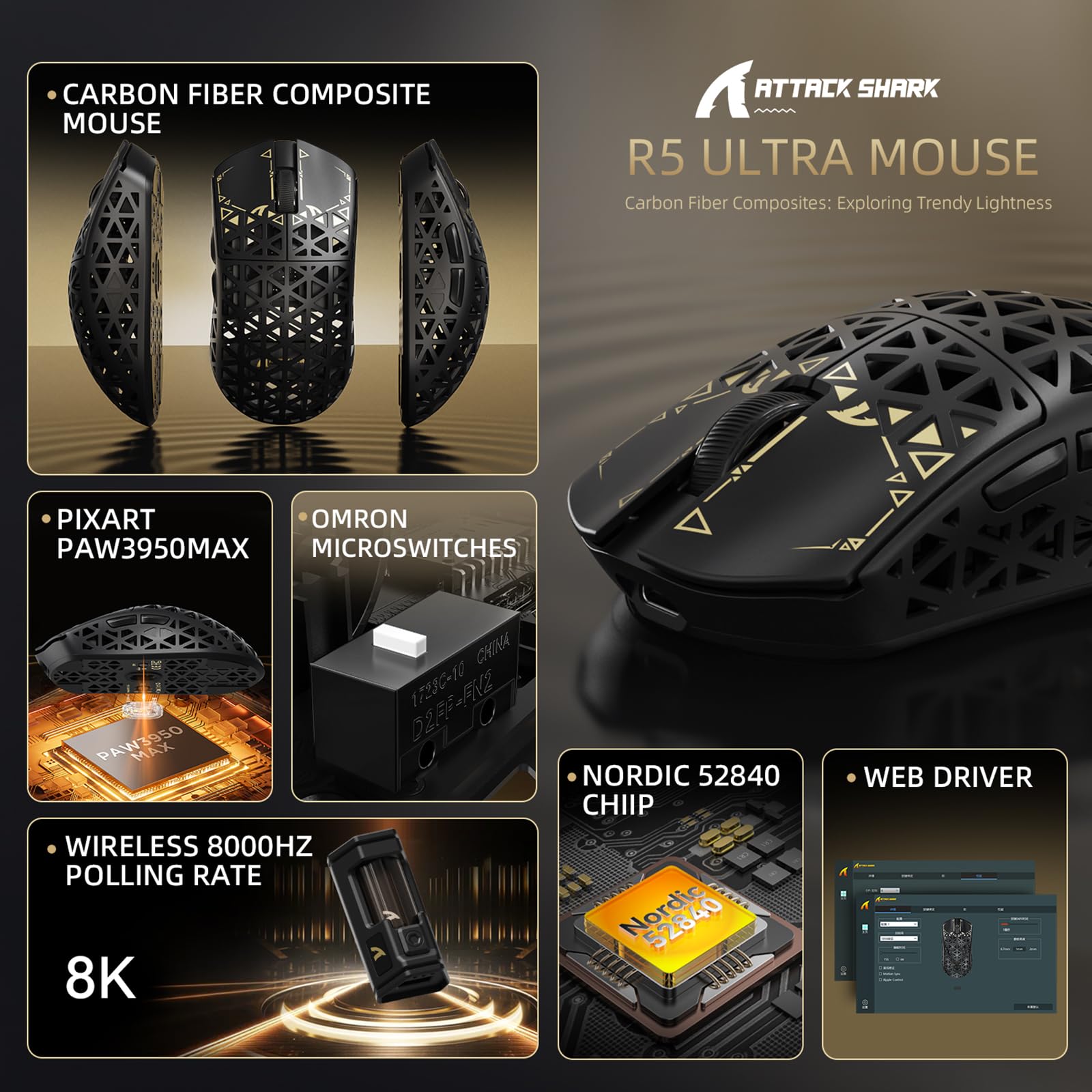 Amazon.com: ATTACK SHARK R5Ultra 8K Carbon Fiber Wireless Gaming